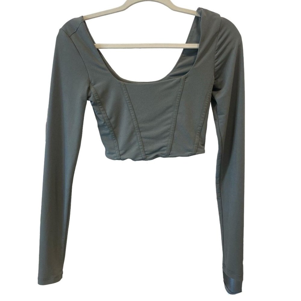 DYNAMITE Women's Moss Taupe Green Long Sleeve Polyester Stretch Crop Top XS